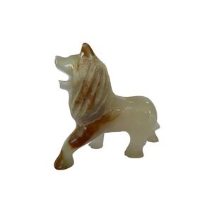 Vintage Hand Carved Onyx Stone Lion Figurine Roaring Statue Cream Brown 5 Inch
